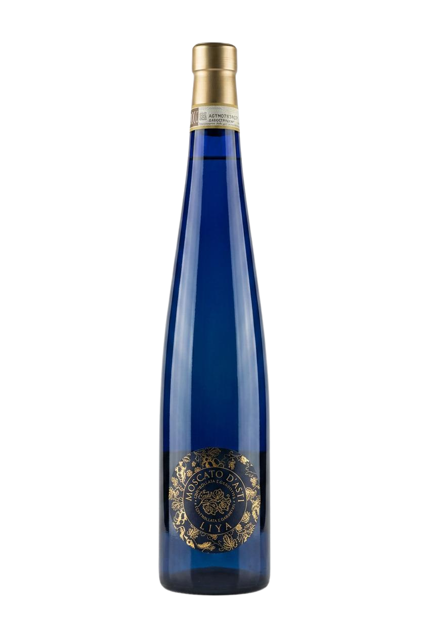 Liya Moscato d'Asti bottle — blue glass with gold medallion label